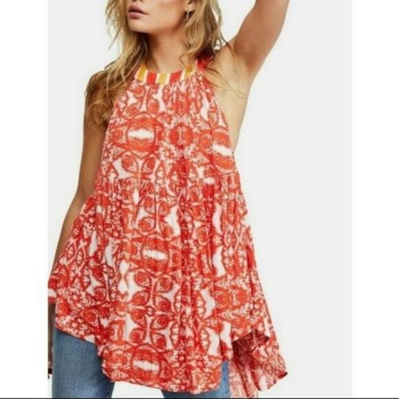 FREE PEOPLE Orange Mimi Boho Tunic Swing Top Small $88 NWT Summer Floral - Picture 5 of 12